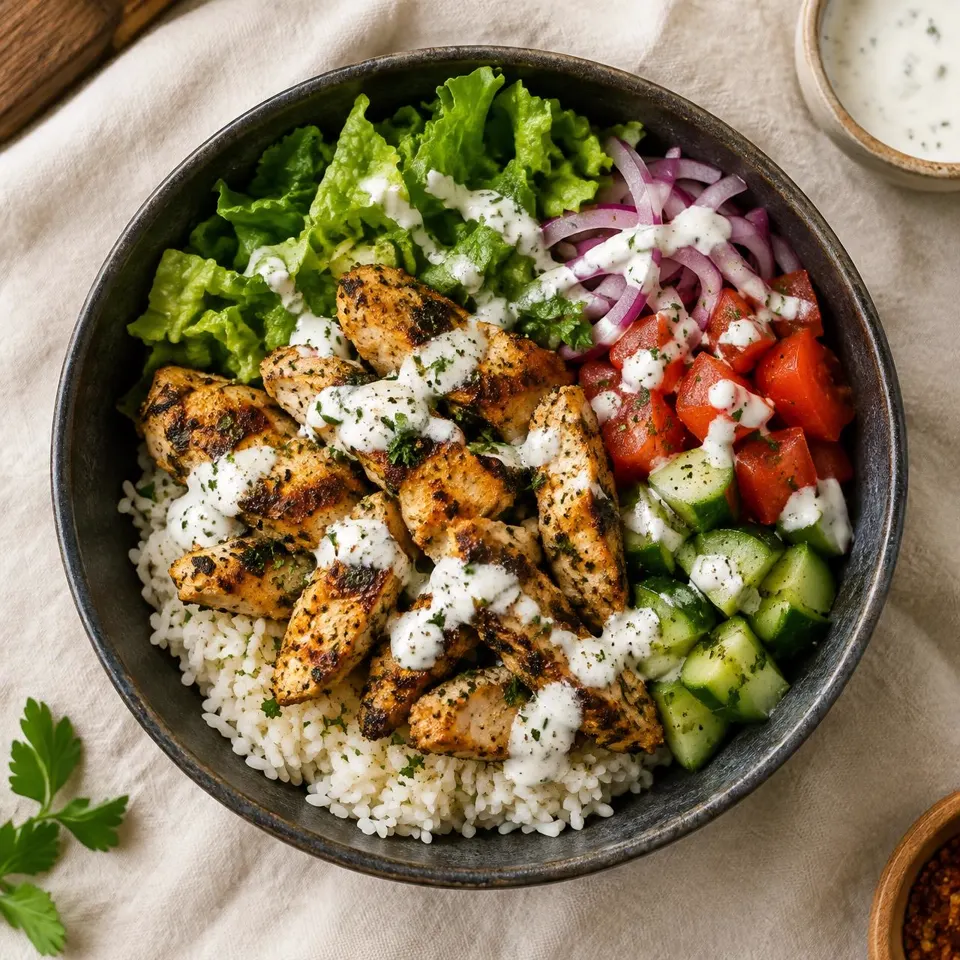 Bowl de pollo estilo kebab a domicilio en Benicarló con salsa de yogur